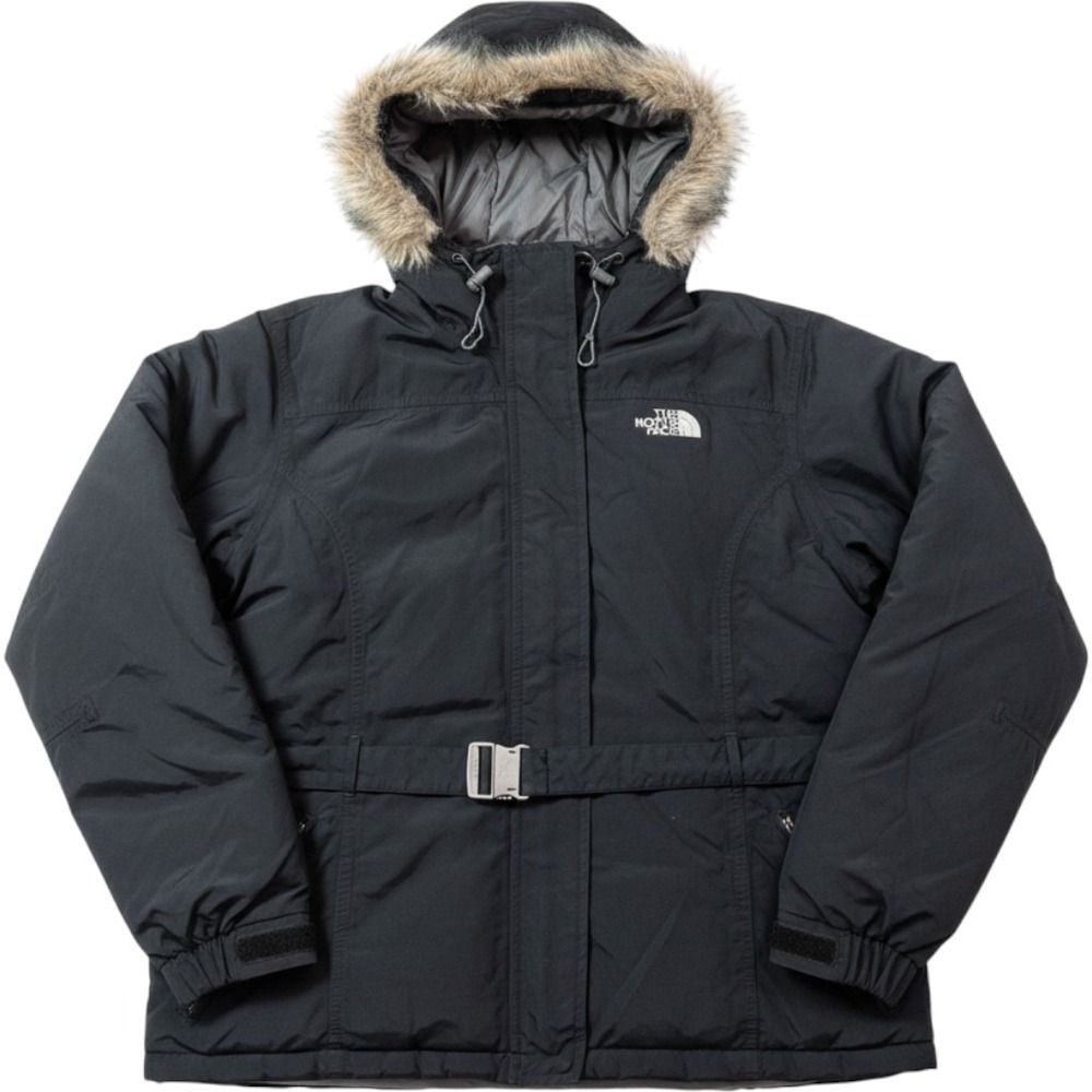 The North Face Womens L Black Down Insulated Parka Jacket Belted Faux Fur Hooded